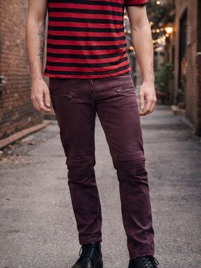 Robin’s Jeans Burgundy Moto – 29x30 – Made in USA – Slim Fit